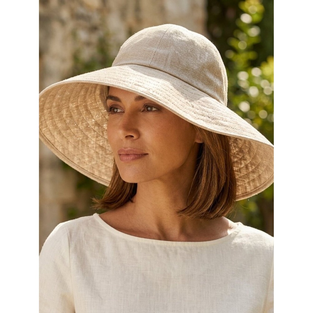 Badgley Mischka Linen Blend Metallic Wide Brim Sun Hat Tan Gold Lace Up‎ Back